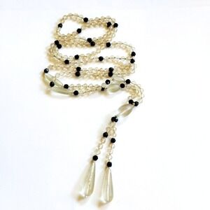 Vtg Lariat Necklace Hand Cut Carved Beads Art Deco Czech Frost glass Flapper 38"